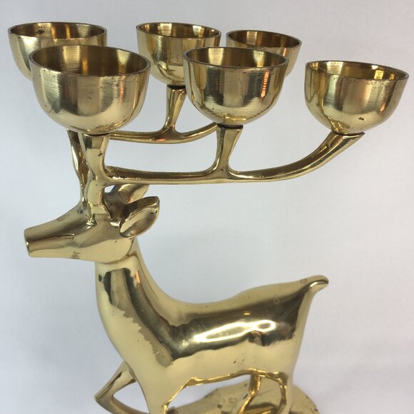 Vintage Brass Deer Candelabra Candle Holder 6 Votive Christmas Reindeer Decor - Picture 5 of 16